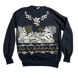 Vintage Ugly Christmas Sweatshirt Women's Large Black Glitter White Puffy Paint